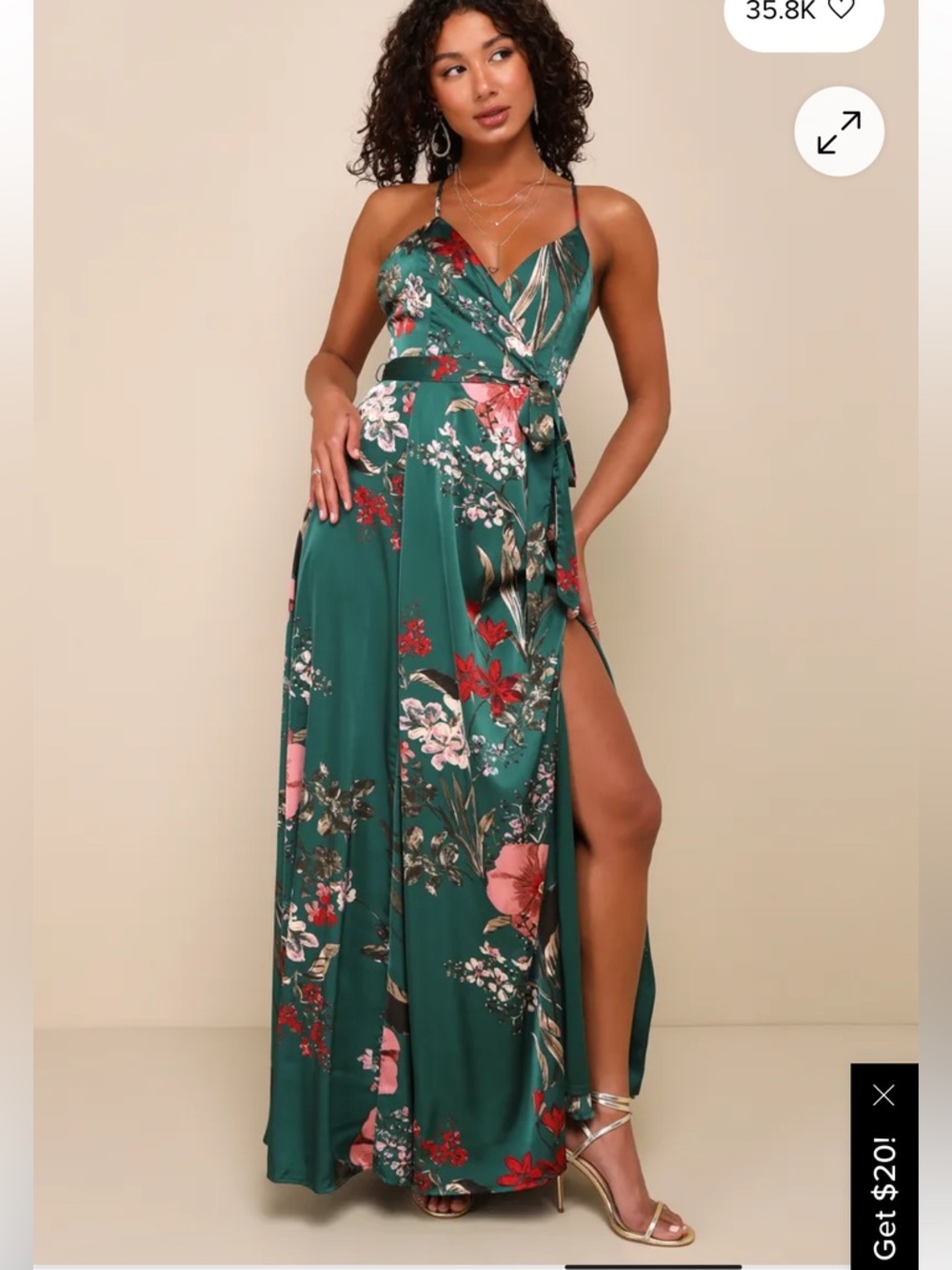 NWT! Lulu's Still the One Emerald Green Floral Print Satin Maxi Dress. Womens XL
